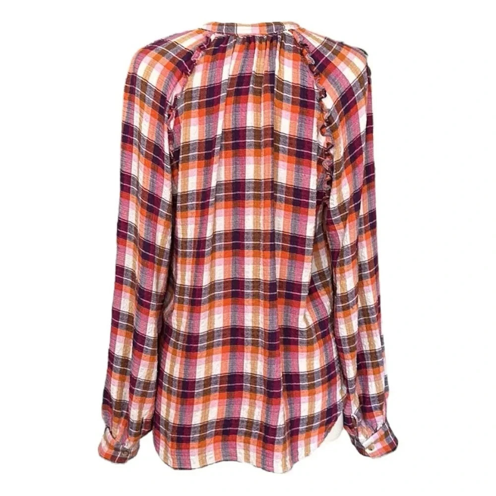 PILCRO Anthropologie Plaid Flannel Button Down Shirt Western Boho Ruffle Trim M - Picture 7 of 16